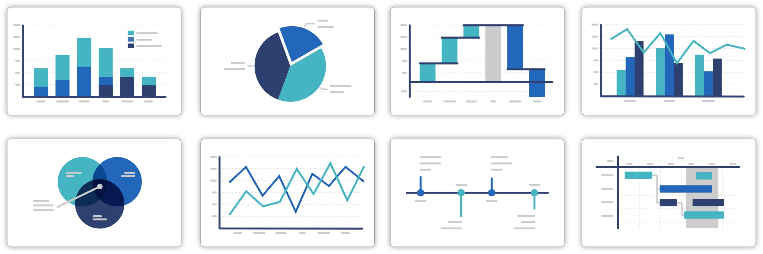 120+ chart types including bar, pie, waterfall, line charts and more