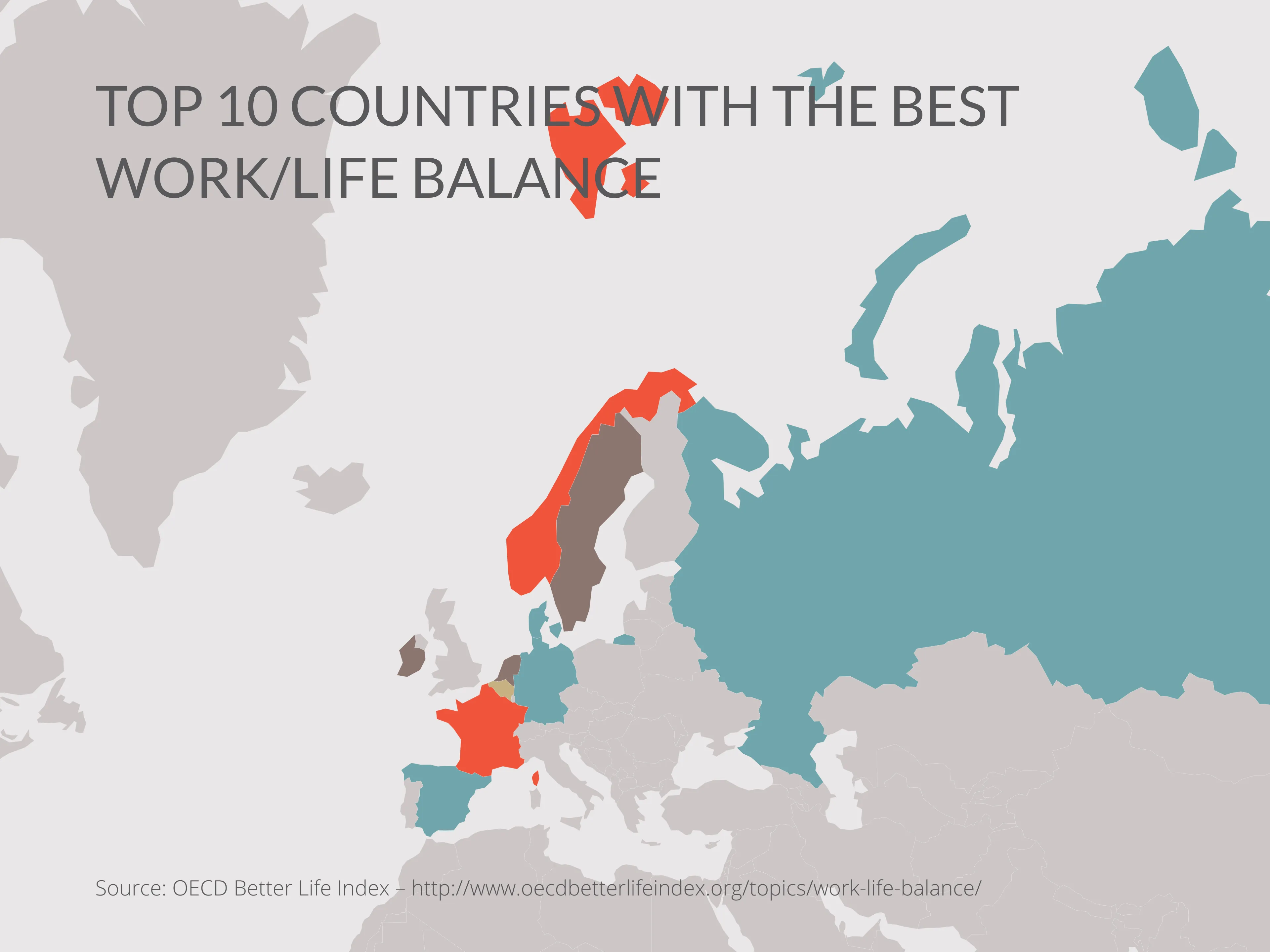 World Map example: TOP 10 COUNTRIES WITH THE BEST WORK/LIFE BALANCE